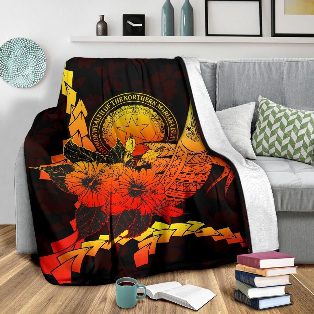 Northern Mariana Islands Polynesian Premium Blanket - Swordfish With Hibiscus