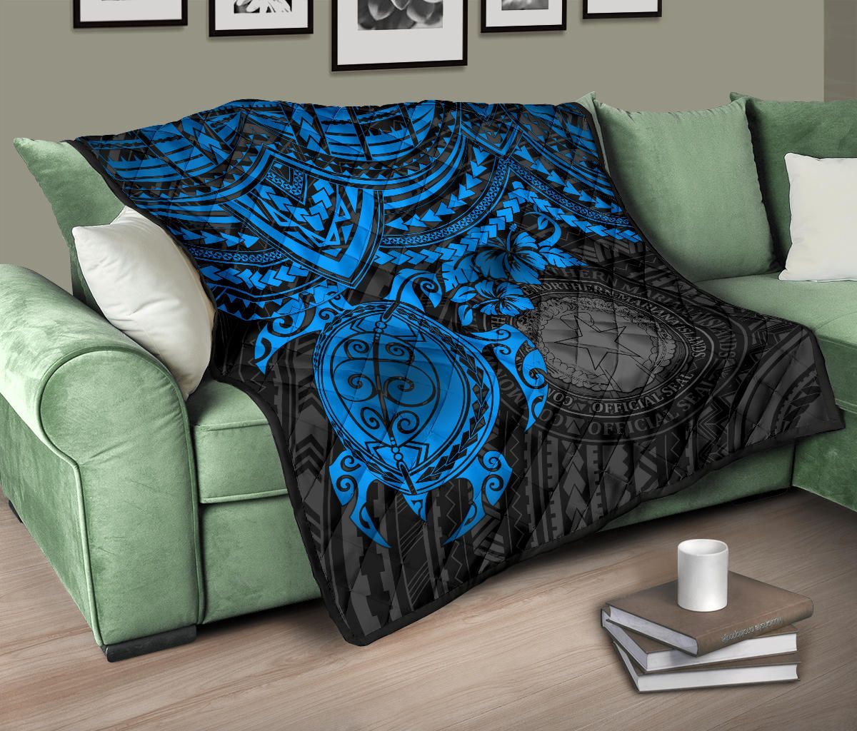 Northern Mariana Islands Polynesian Premium Quilt - Northern Mariana Islands Seal & Blue Turtle Hibiscus