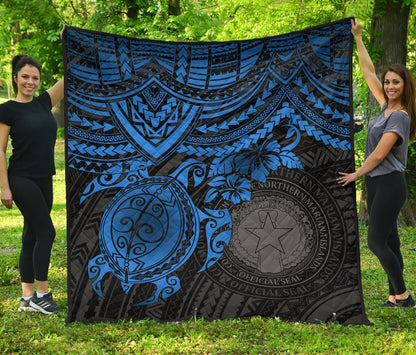 Northern Mariana Islands Polynesian Premium Quilt - Northern Mariana Islands Seal & Blue Turtle Hibiscus
