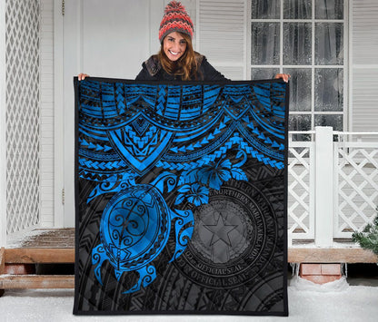 Northern Mariana Islands Polynesian Premium Quilt - Northern Mariana Islands Seal & Blue Turtle Hibiscus