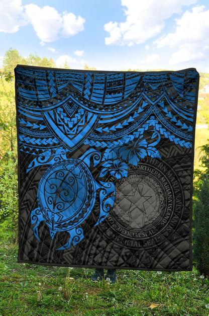 Northern Mariana Islands Polynesian Premium Quilt - Northern Mariana Islands Seal & Blue Turtle Hibiscus
