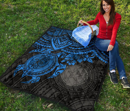 Northern Mariana Islands Polynesian Premium Quilt - Northern Mariana Islands Seal & Blue Turtle Hibiscus
