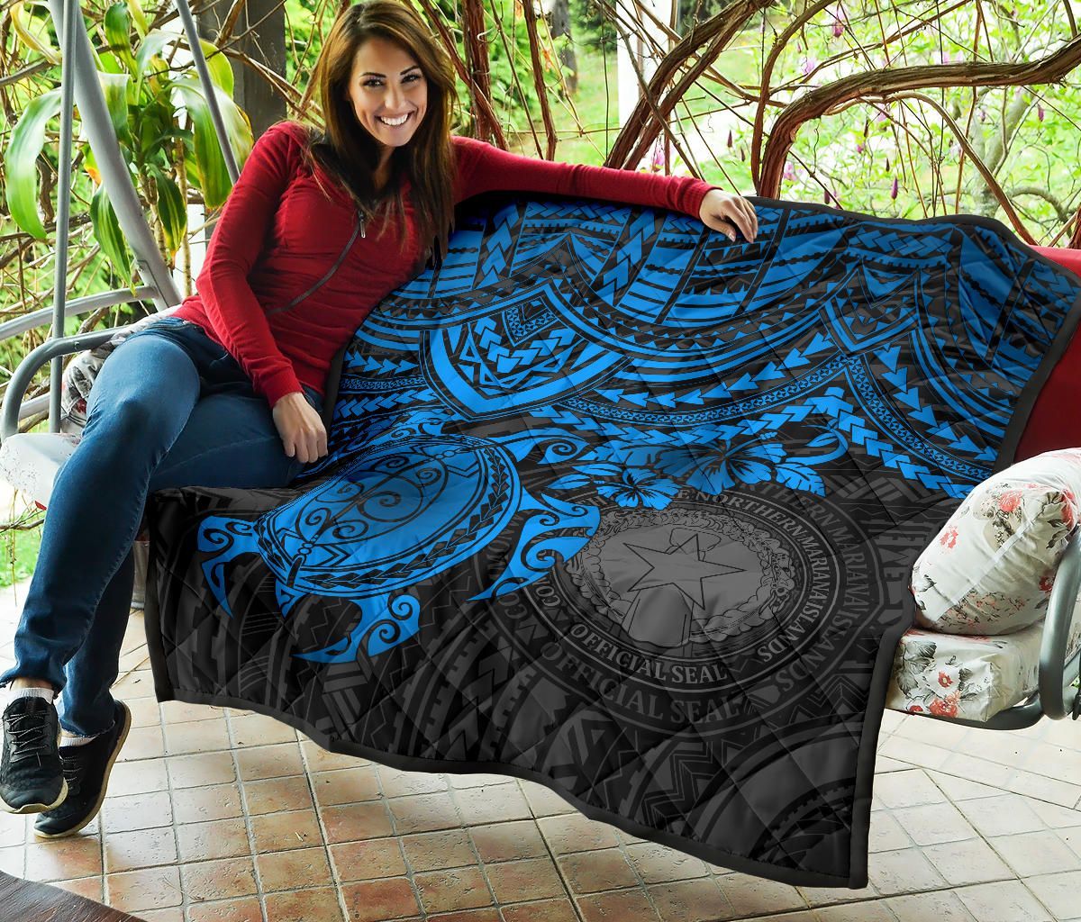 Northern Mariana Islands Polynesian Premium Quilt - Northern Mariana Islands Seal & Blue Turtle Hibiscus
