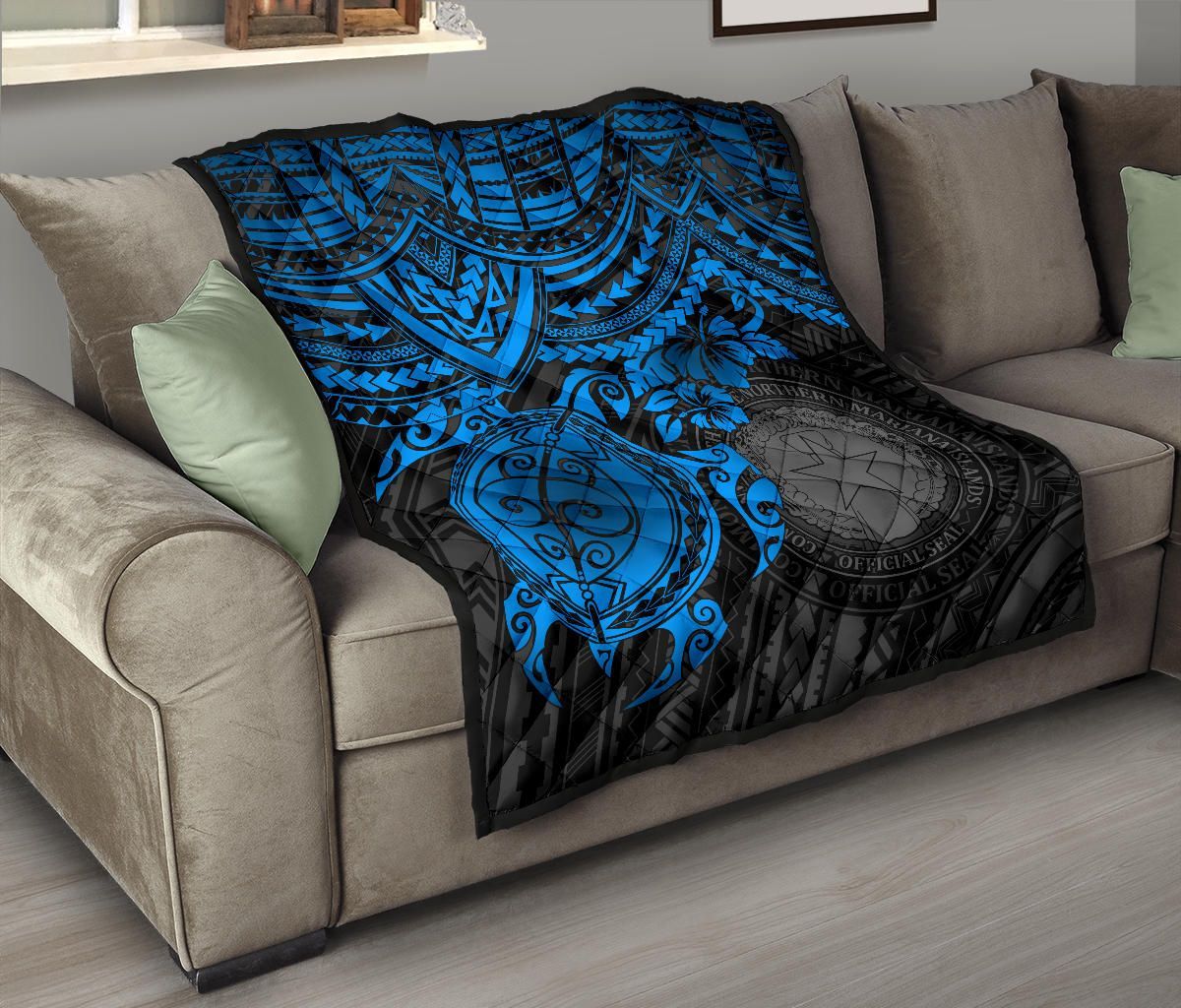 Northern Mariana Islands Polynesian Premium Quilt - Northern Mariana Islands Seal & Blue Turtle Hibiscus