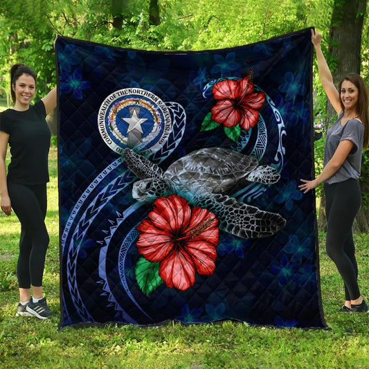 Northern Mariana Islands Polynesian Premium Quilt - Blue Turtle Hibiscus