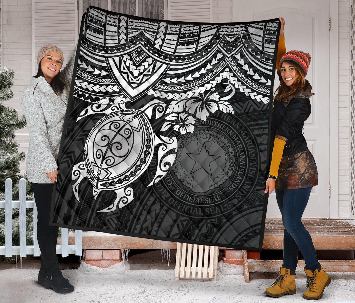 Northern Mariana Islands Polynesian Premium Quilt - Northern Mariana Islands Seal & White Turtle Hibiscus