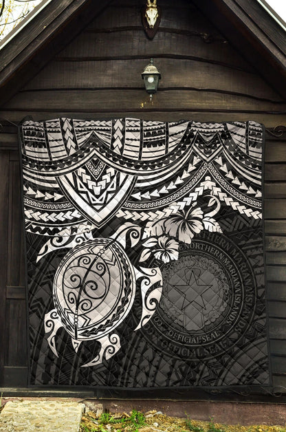 Northern Mariana Islands Polynesian Premium Quilt - Northern Mariana Islands Seal & White Turtle Hibiscus