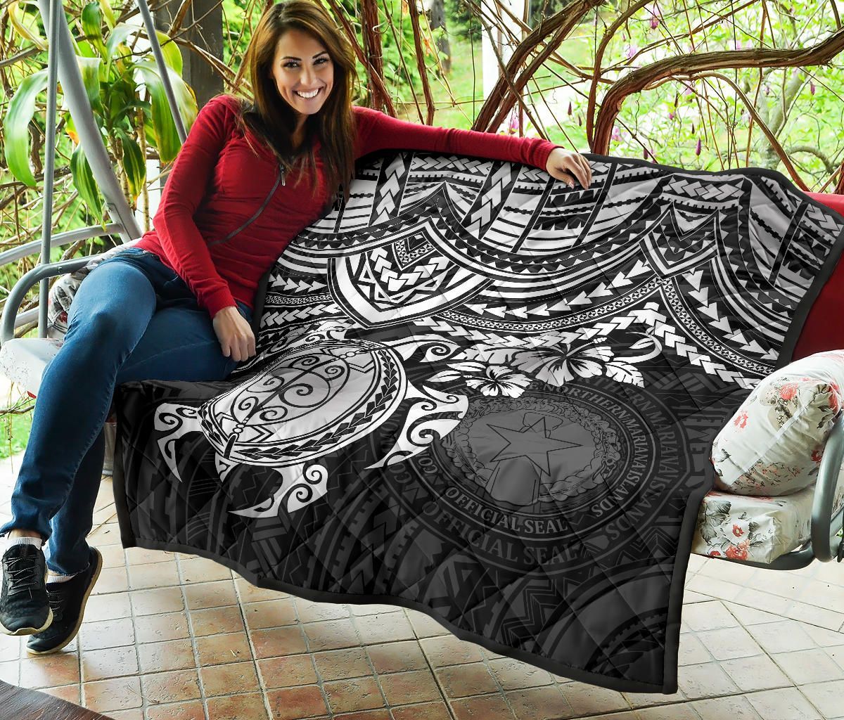 Northern Mariana Islands Polynesian Premium Quilt - Northern Mariana Islands Seal & White Turtle Hibiscus