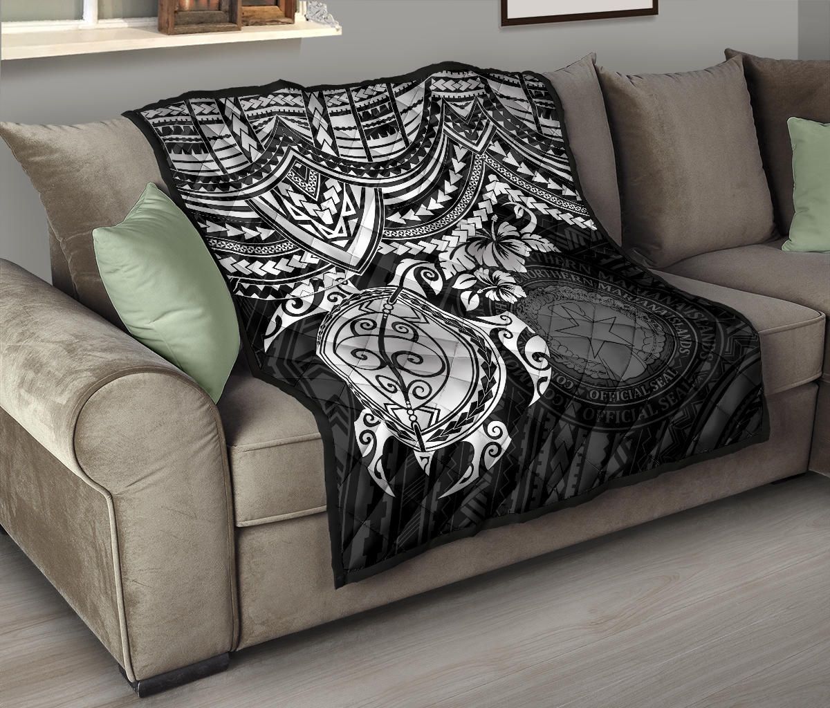 Northern Mariana Islands Polynesian Premium Quilt - Northern Mariana Islands Seal & White Turtle Hibiscus