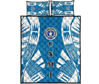 Northern Mariana Islands Quilt Bed Set - Northern Mariana Islands Seal & Polynesian White Tattoo Style