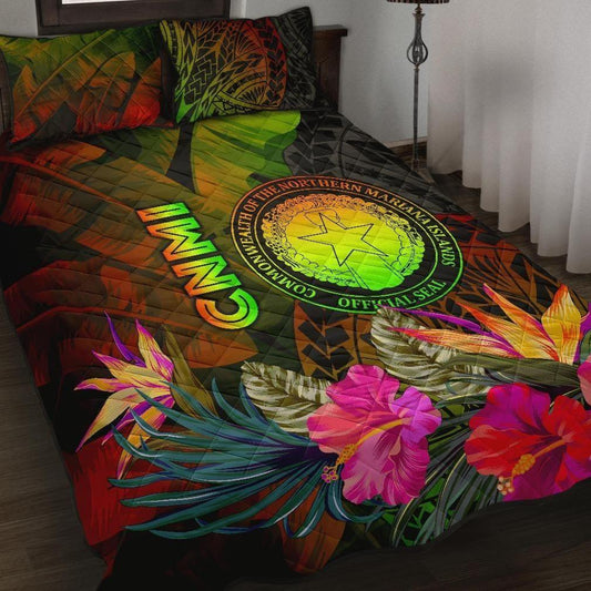Northern Mariana Islands Polynesian Quilt Bed Set - Hibiscus and Banana Leaves