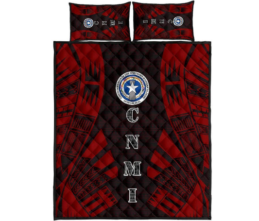 Northern Mariana Islands Quilt Bed Set - Northern Mariana Islands Seal & Polynesian Red Tattoo Style