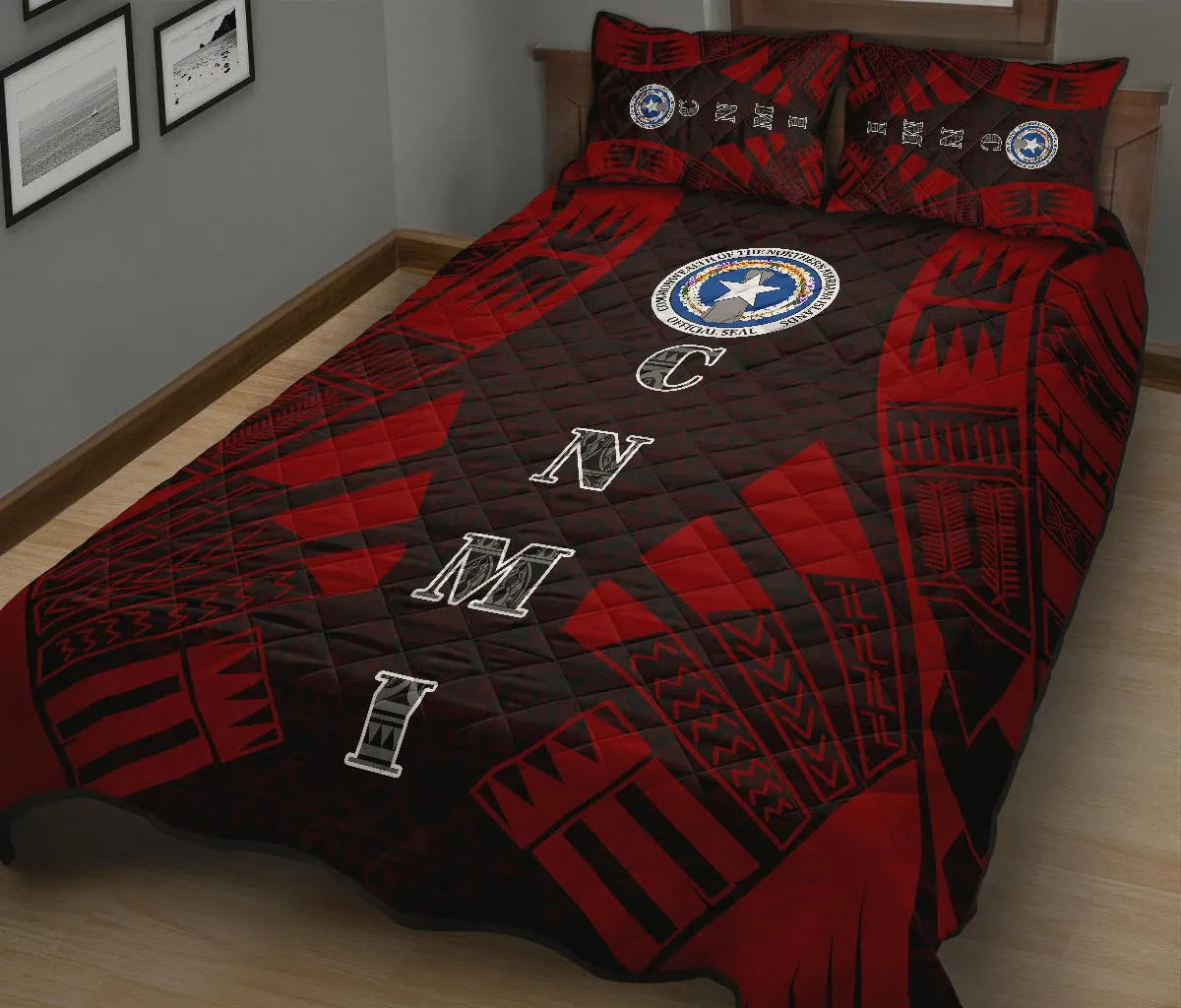 Northern Mariana Islands Quilt Bed Set - Northern Mariana Islands Seal & Polynesian Red Tattoo Style
