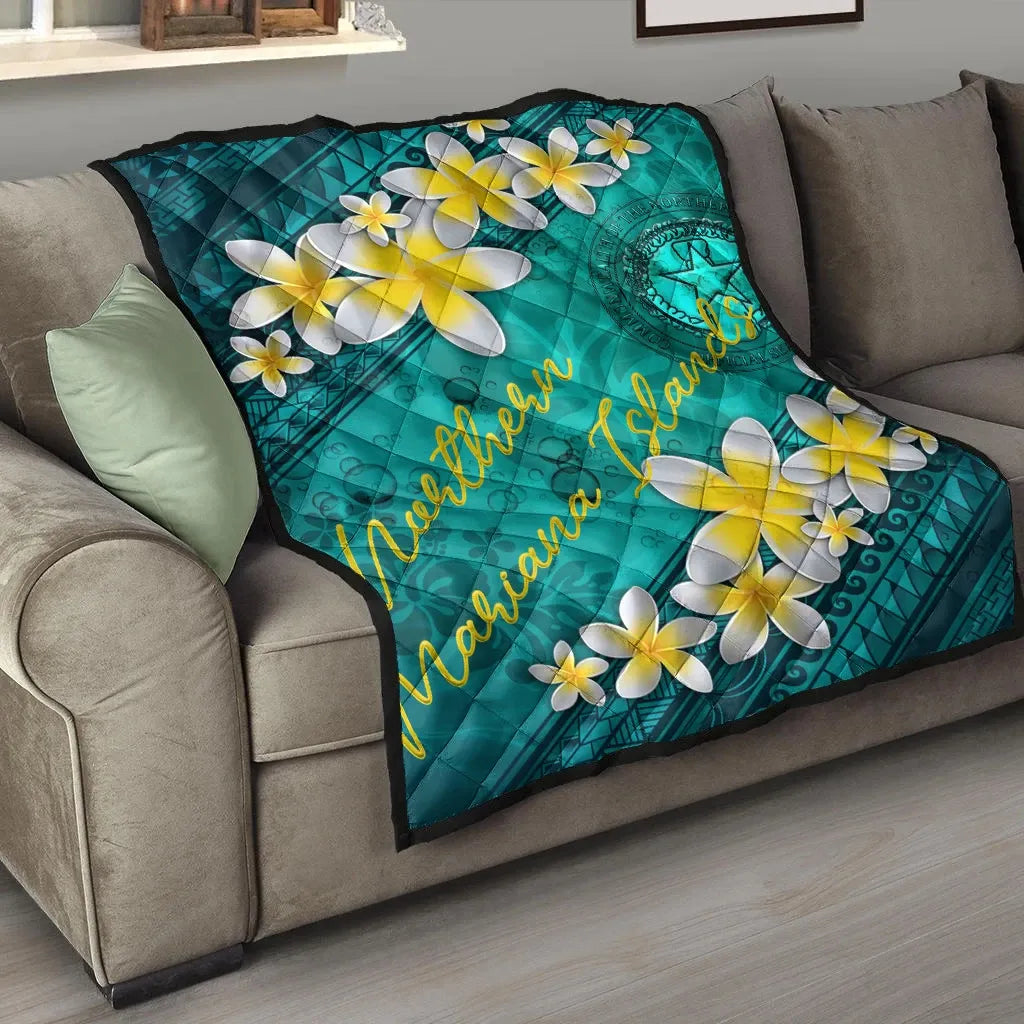 Northern Mariana Islands Polynesian Quilt - Plumeria With Blue Ocean