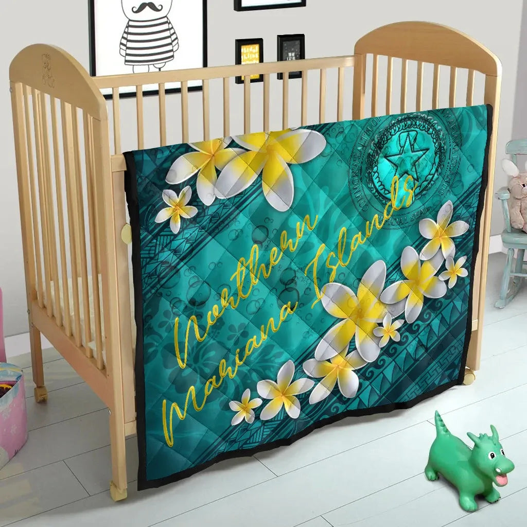 Northern Mariana Islands Polynesian Quilt - Plumeria With Blue Ocean
