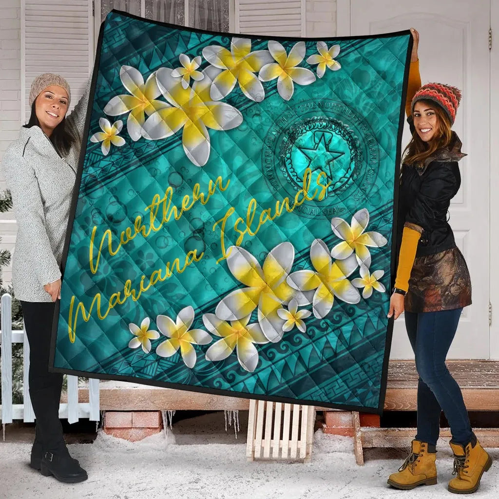 Northern Mariana Islands Polynesian Quilt - Plumeria With Blue Ocean