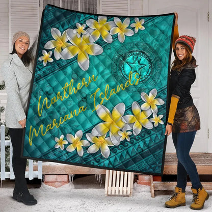 Northern Mariana Islands Polynesian Quilt - Plumeria With Blue Ocean