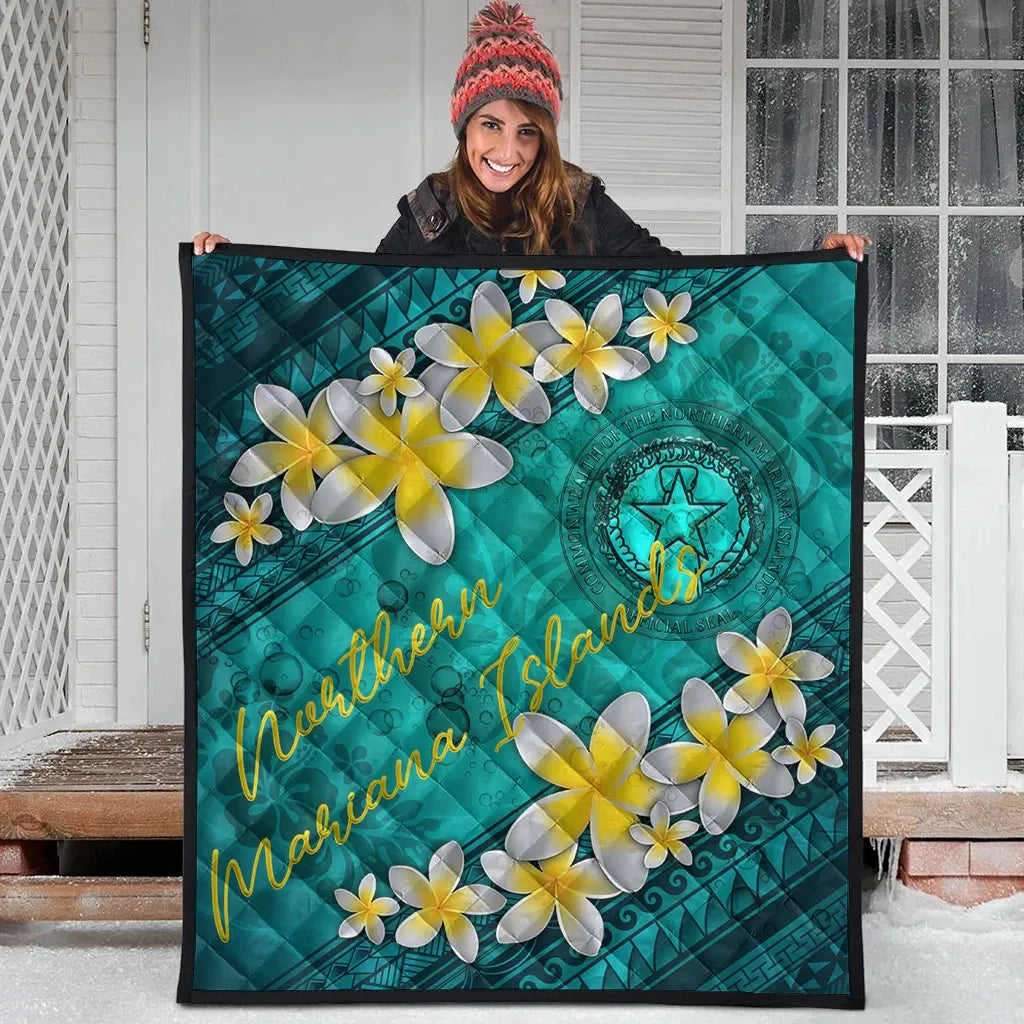 Northern Mariana Islands Polynesian Quilt - Plumeria With Blue Ocean