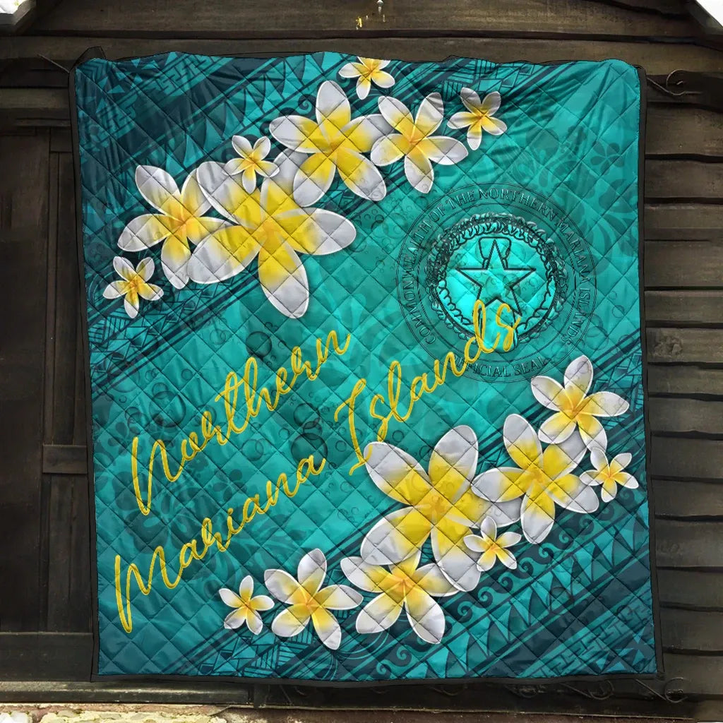 Northern Mariana Islands Polynesian Quilt - Plumeria With Blue Ocean