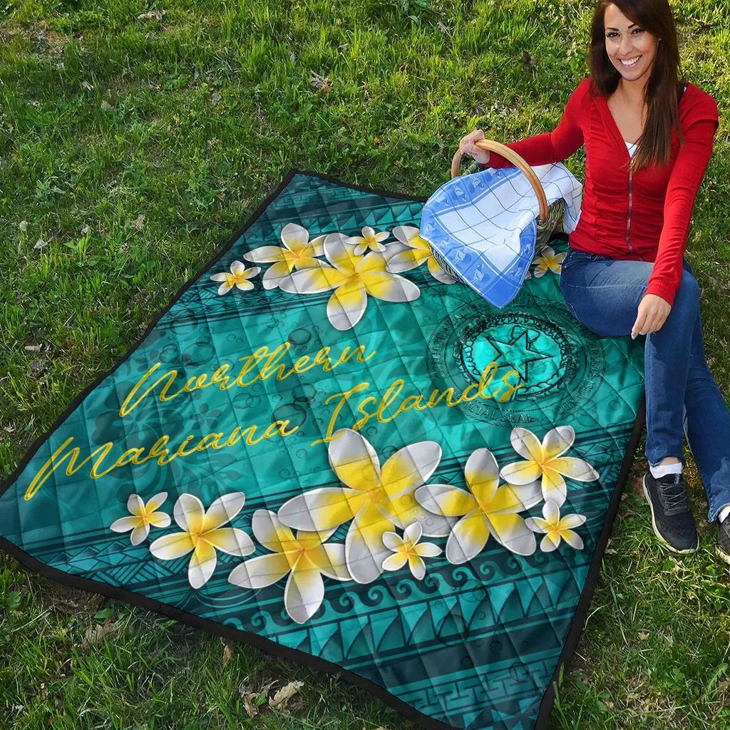 Northern Mariana Islands Polynesian Quilt - Plumeria With Blue Ocean