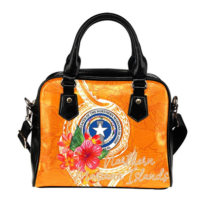 Northern Mariana Islands Polynesian Shoulder Handbag - Orange Floral With Seal