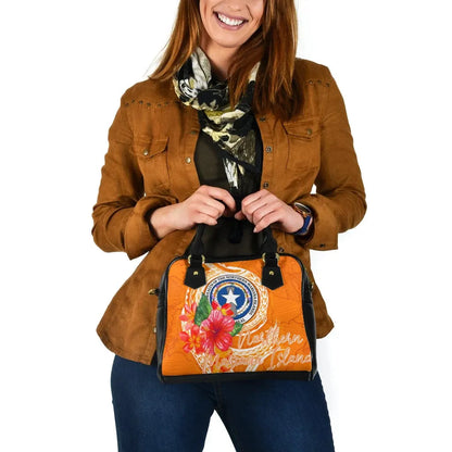 Northern Mariana Islands Polynesian Shoulder Handbag - Orange Floral With Seal