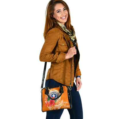 Northern Mariana Islands Polynesian Shoulder Handbag - Orange Floral With Seal