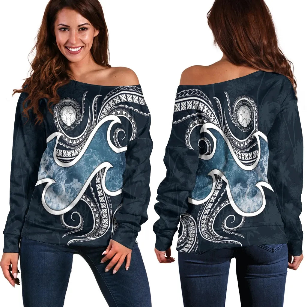 Northern Mariana Islands Polynesian Women Off Shoulder Sweater - Ocean Style