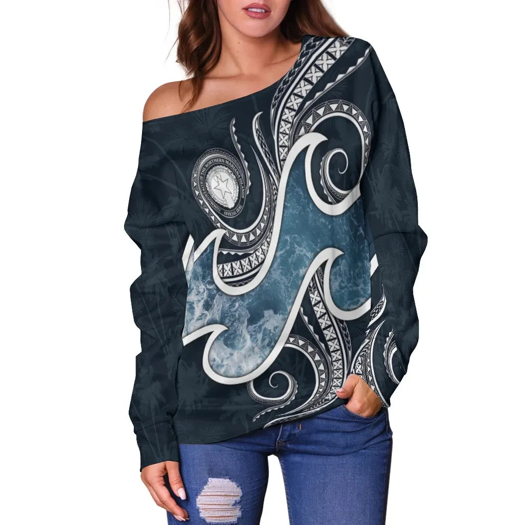 Northern Mariana Islands Polynesian Women Off Shoulder Sweater - Ocean Style