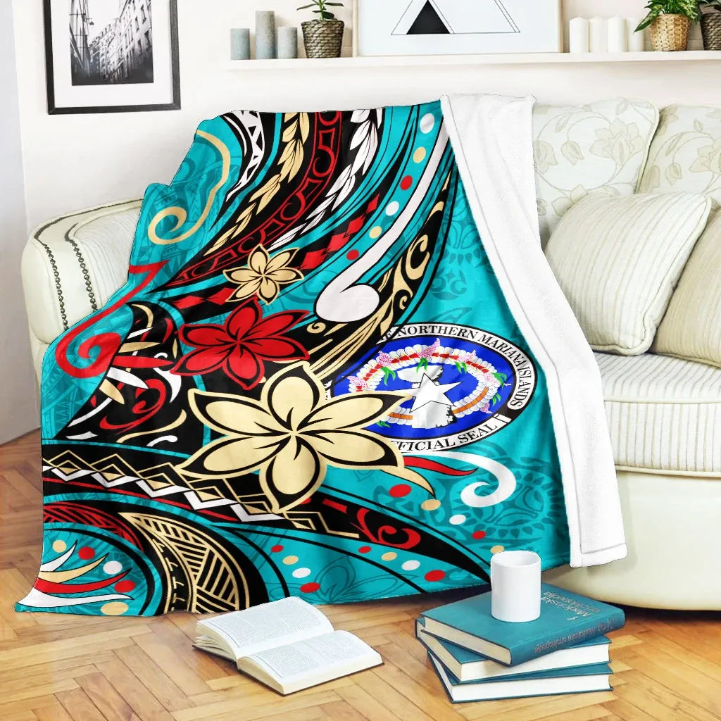 Northern Mariana Islands Premium Blanket - Tribal Flower With Special Turtles Blue Color