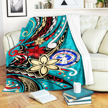 Northern Mariana Islands Premium Blanket - Tribal Flower With Special Turtles Blue Color