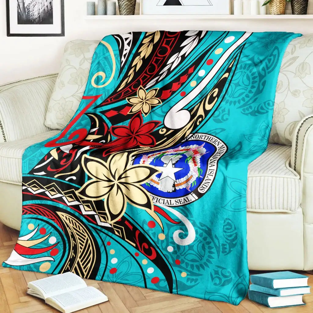Northern Mariana Islands Premium Blanket - Tribal Flower With Special Turtles Blue Color