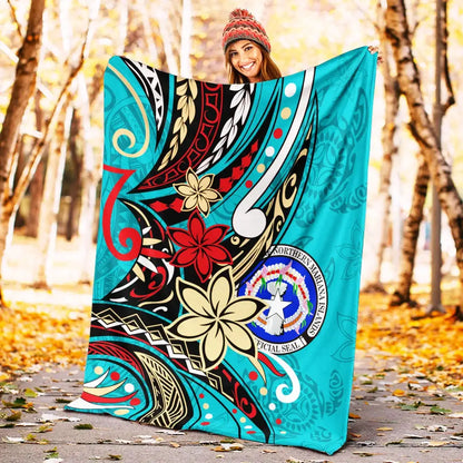 Northern Mariana Islands Premium Blanket - Tribal Flower With Special Turtles Blue Color