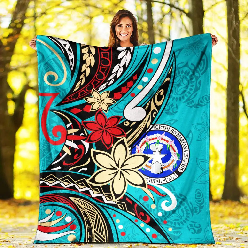 Northern Mariana Islands Premium Blanket - Tribal Flower With Special Turtles Blue Color