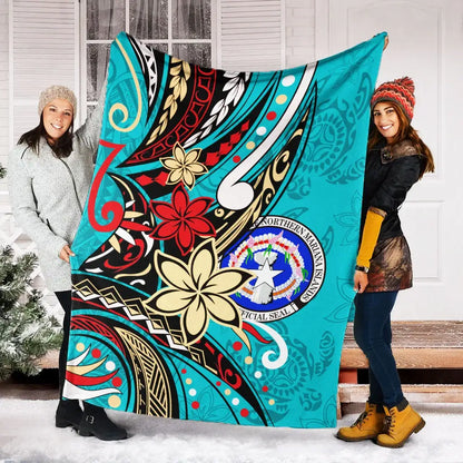 Northern Mariana Islands Premium Blanket - Tribal Flower With Special Turtles Blue Color