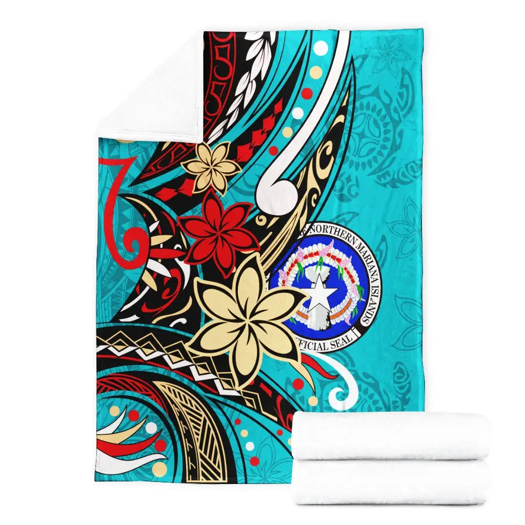 Northern Mariana Islands Premium Blanket - Tribal Flower With Special Turtles Blue Color