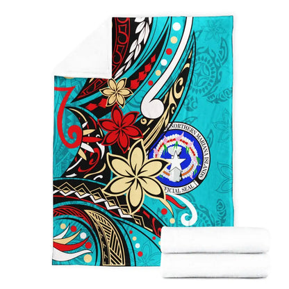 Northern Mariana Islands Premium Blanket - Tribal Flower With Special Turtles Blue Color