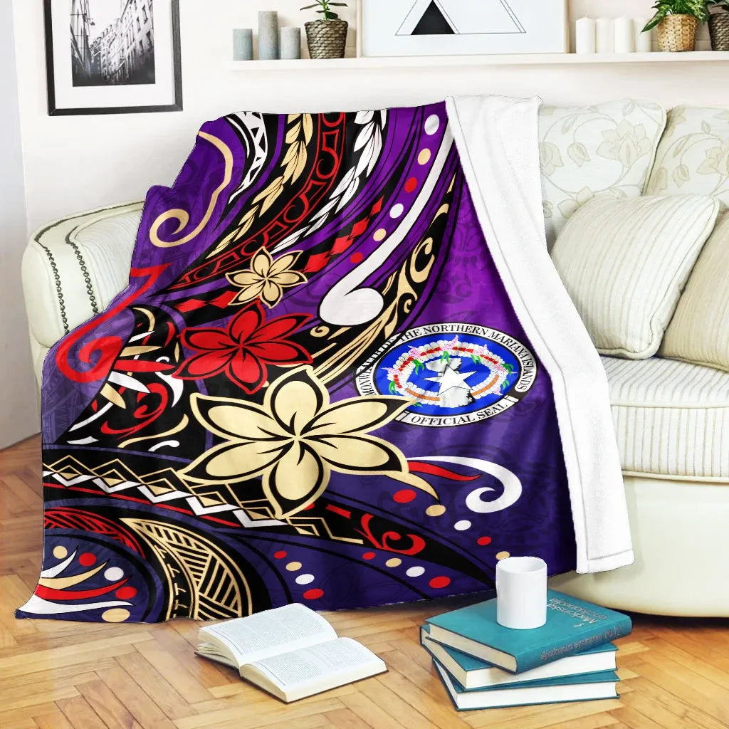 Northern Mariana Islands Premium Blanket - Tribal Flower With Special Turtles Purple Color