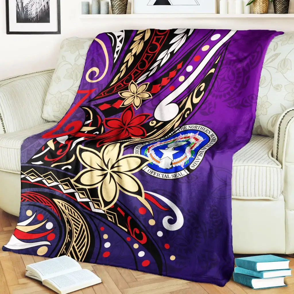 Northern Mariana Islands Premium Blanket - Tribal Flower With Special Turtles Purple Color