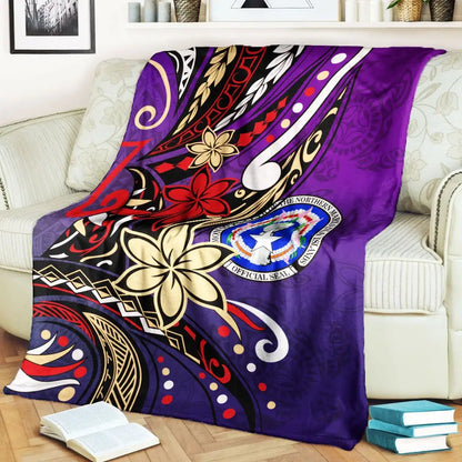 Northern Mariana Islands Premium Blanket - Tribal Flower With Special Turtles Purple Color
