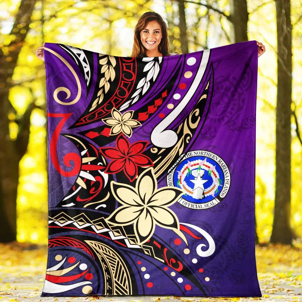 Northern Mariana Islands Premium Blanket - Tribal Flower With Special Turtles Purple Color