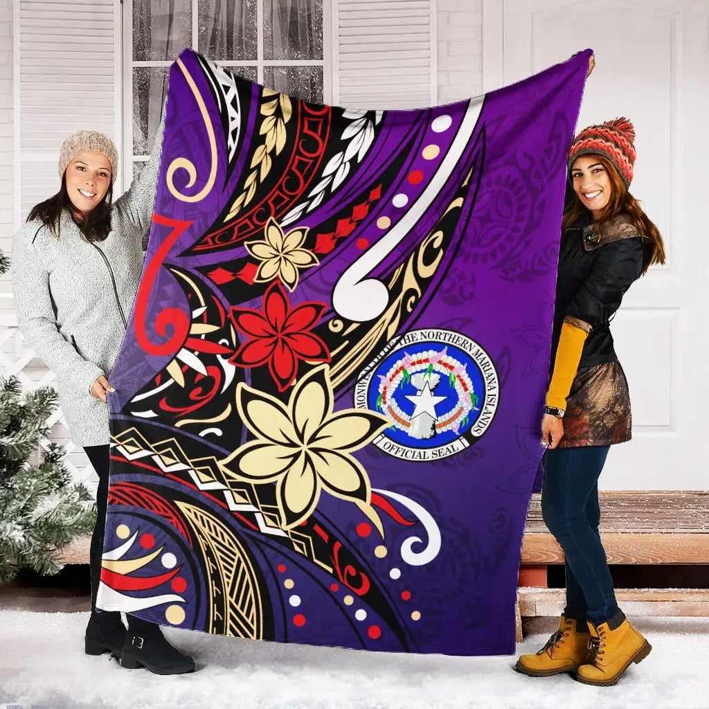 Northern Mariana Islands Premium Blanket - Tribal Flower With Special Turtles Purple Color