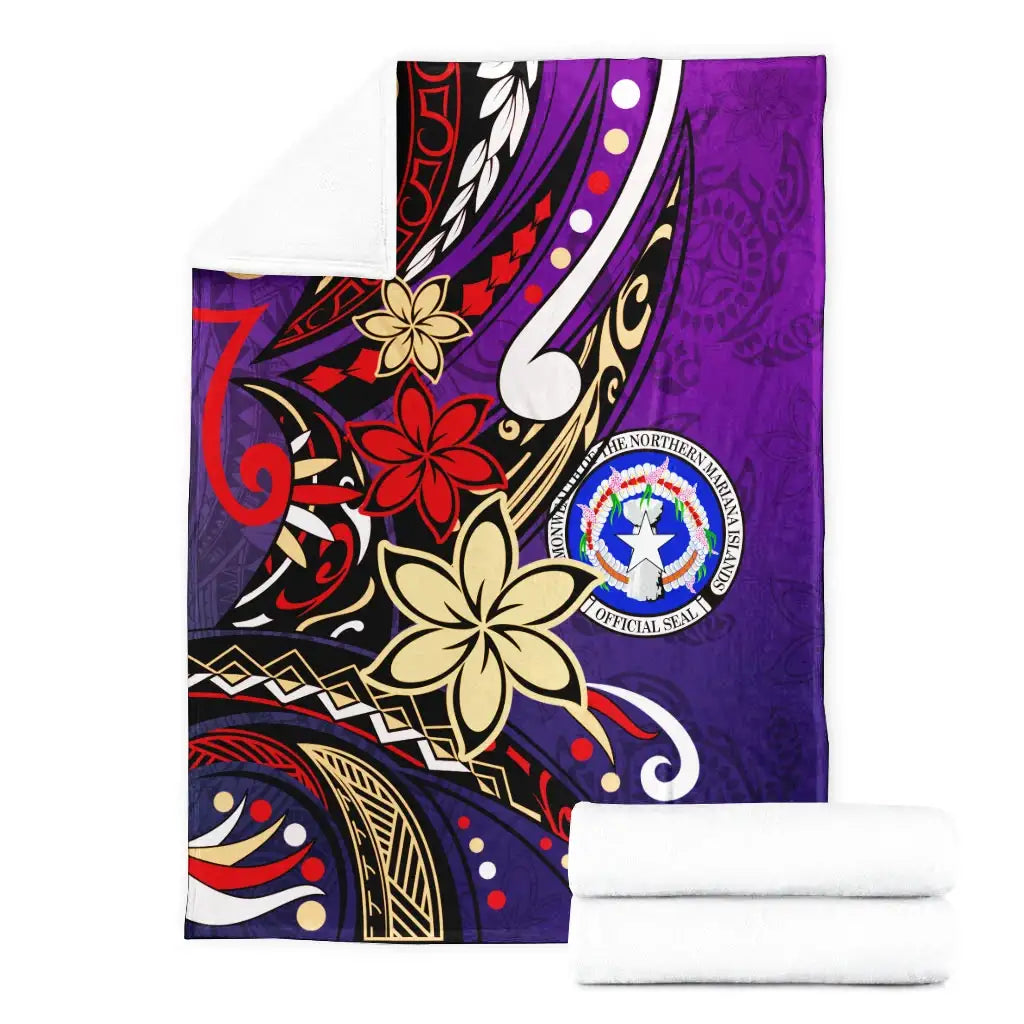Northern Mariana Islands Premium Blanket - Tribal Flower With Special Turtles Purple Color