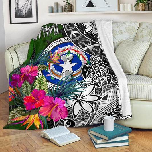 Northern Mariana Islands Premium Blanket - Turtle Plumeria Banana Leaf