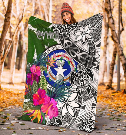 Northern Mariana Islands Premium Blanket White - Turtle Plumeria Banana Leaf