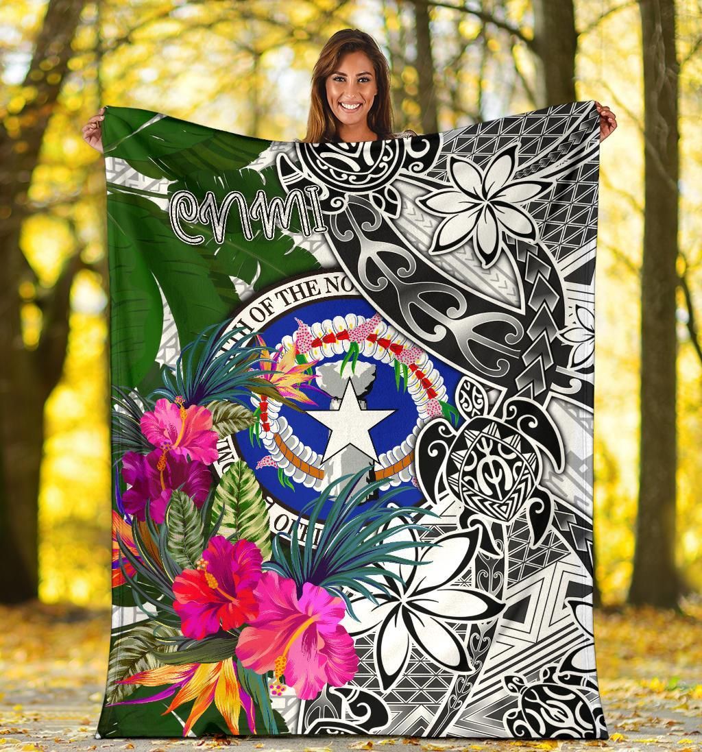 Northern Mariana Islands Premium Blanket White - Turtle Plumeria Banana Leaf