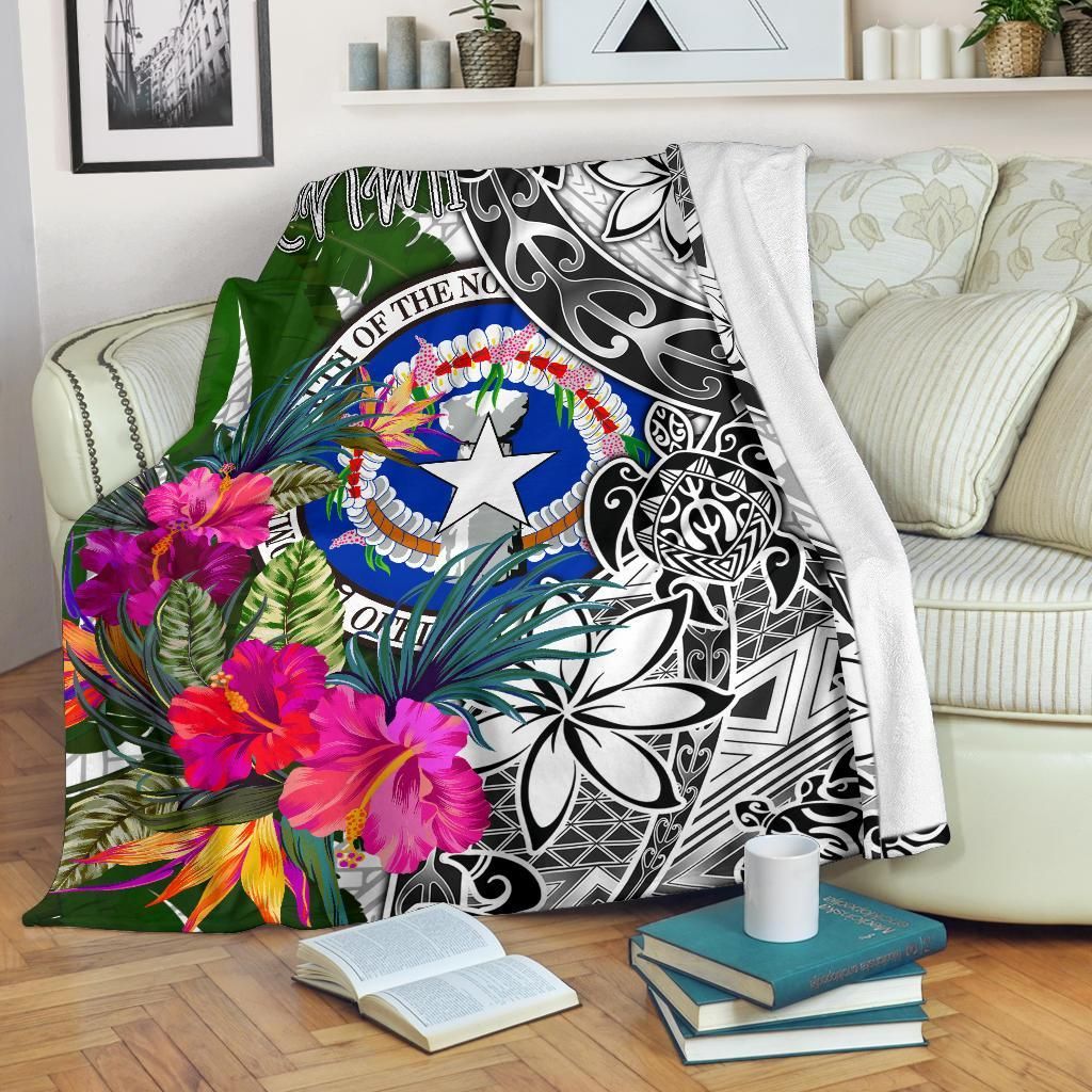 Northern Mariana Islands Premium Blanket White - Turtle Plumeria Banana Leaf