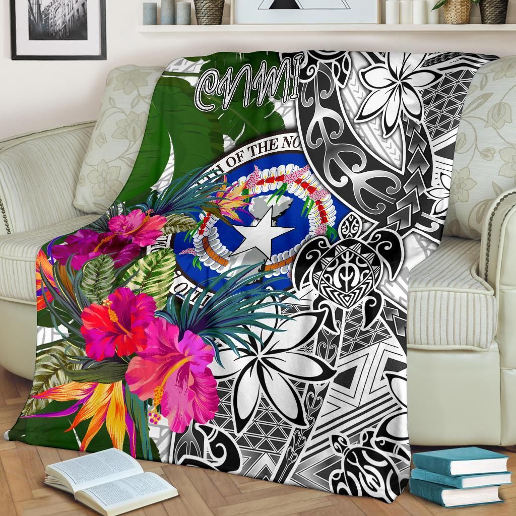 Northern Mariana Islands Premium Blanket White - Turtle Plumeria Banana Leaf