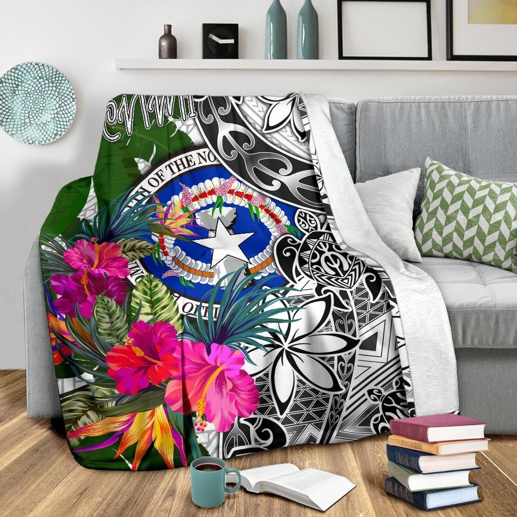 Northern Mariana Islands Premium Blanket White - Turtle Plumeria Banana Leaf