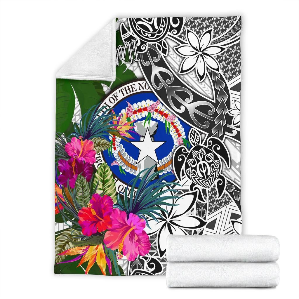 Northern Mariana Islands Premium Blanket White - Turtle Plumeria Banana Leaf